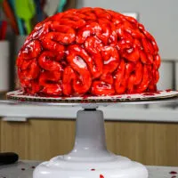 image of a bloody brain cake made for halloween with red velvet cake layers and raspberry jam blood
