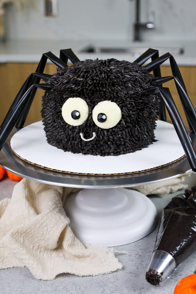 image of a cute halloween spider cake made with chocolate cake layers and chocolate buttercream glasting