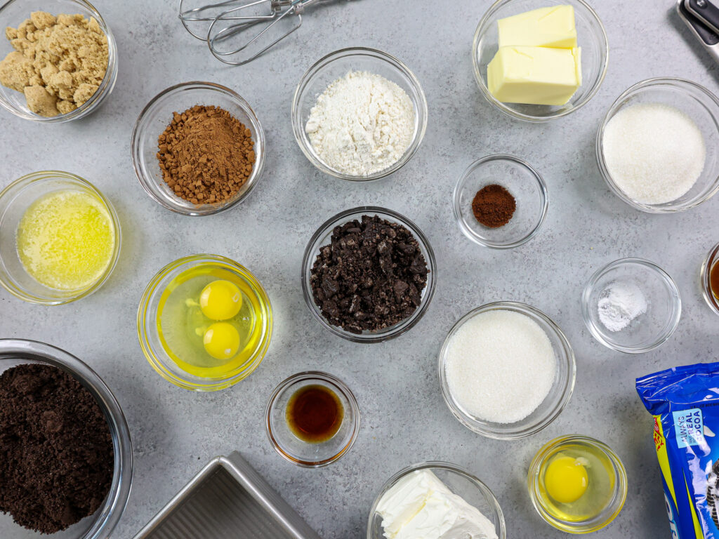 image of ingredients laid out to make oreo cheesecake brownies
