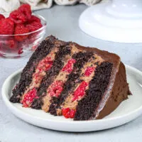 image of a chocolate raspberry mousse cake made with chocolate mousse, chocolate cake layers, raspberry jam and fresh raspberries