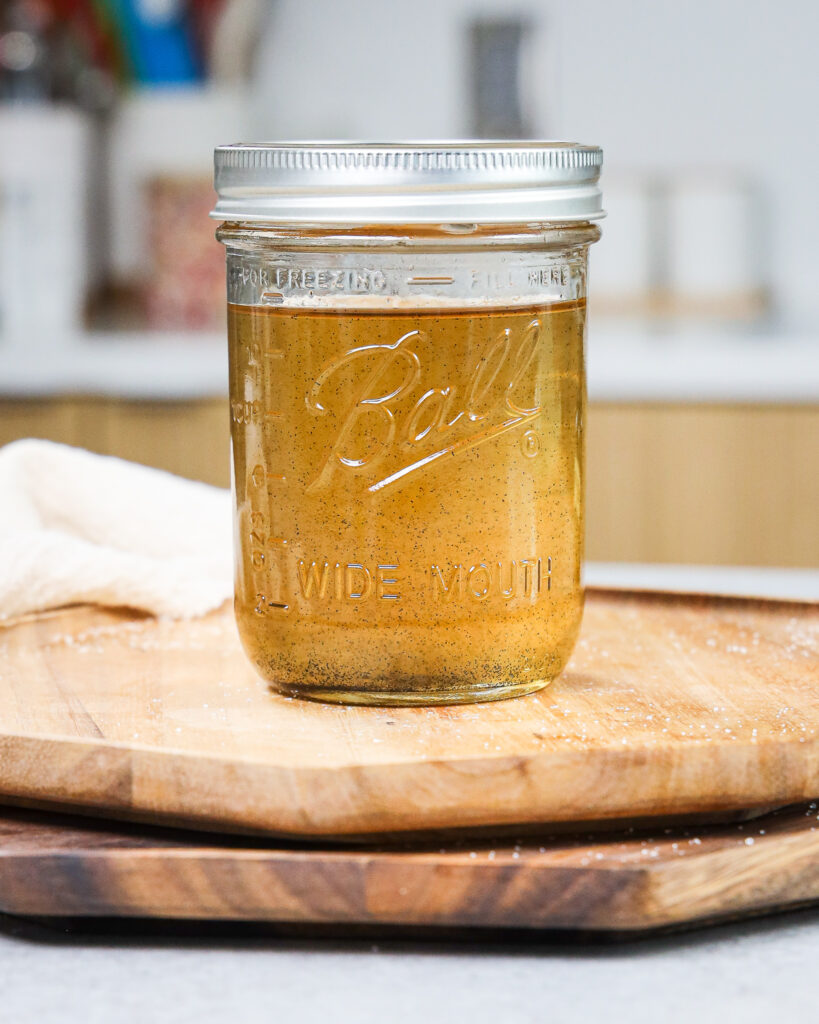image of vanilla bean simple syrup in a mason jar