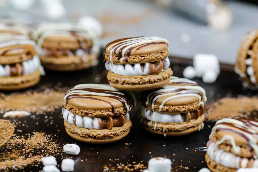 image of hot cocoa macarons stacked on top of each other with hot chocolate mix and marshmallows scattered around