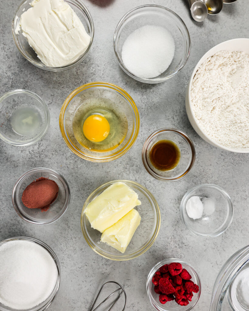 image of ingredients laid out to make raspberry cheesecake cookies