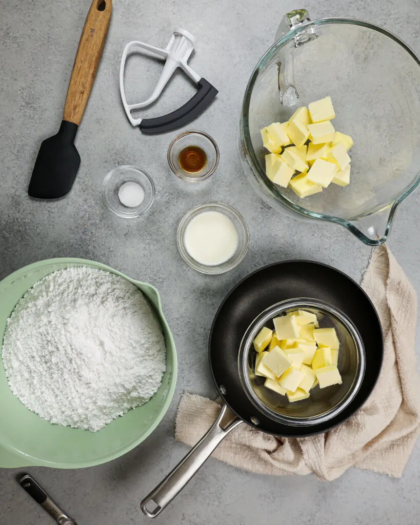 image of ingredients laid out to make brown butter buttercream frosting