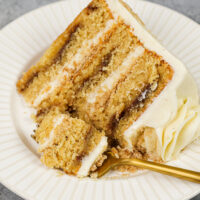 image of a bite of a slice of a coffee cake layer cake
