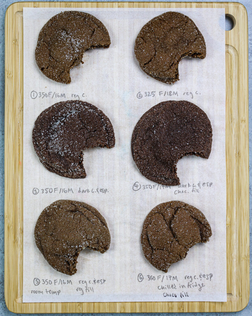 image of chocolate cheesecake cookies being recipe tested by chelsey white of chelsweets