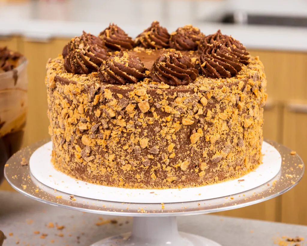 image of a butterfinger cake made with  chocolate cake layers, peanut butter filling and chocolate buttercream