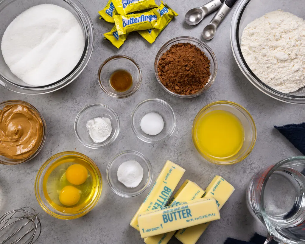 image of ingredients laid out to make a butterfinger cake