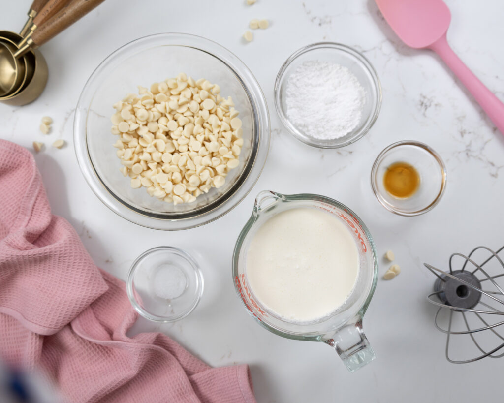 image of ingredients laid out to make a white chocolate mousse cake filling