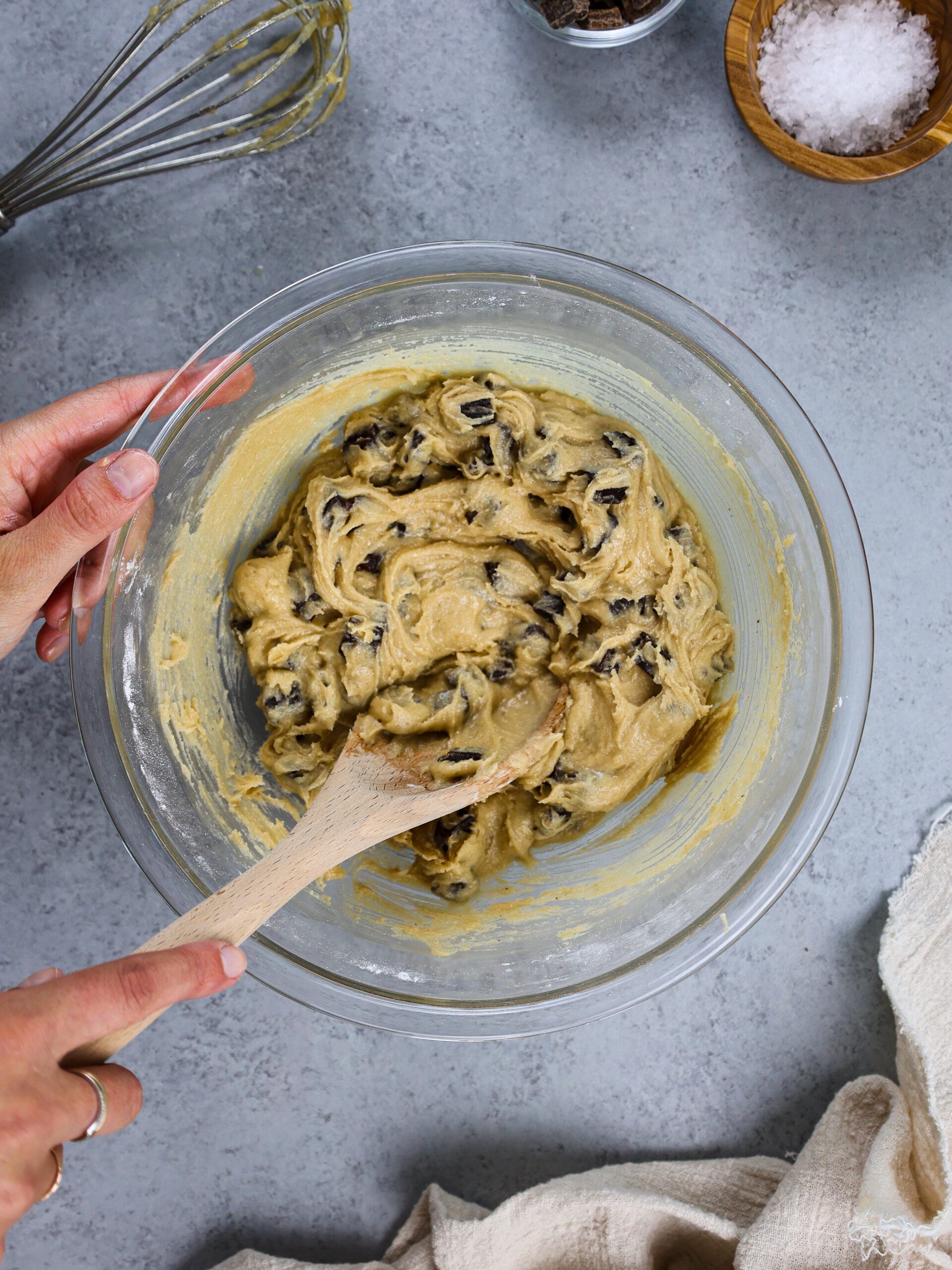 image of no chill chocolate chip cookie dough in a bowl ready to be scooped