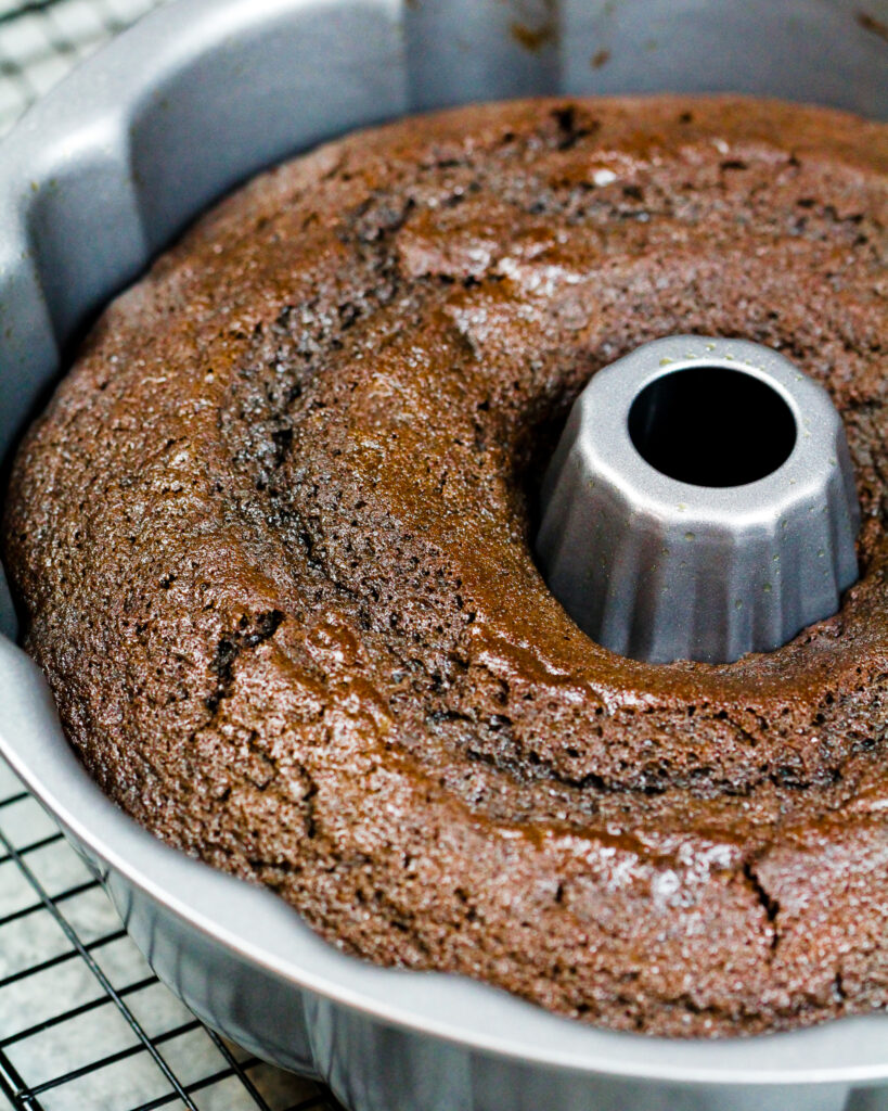 image of a chocolate bundt cake that's been baked