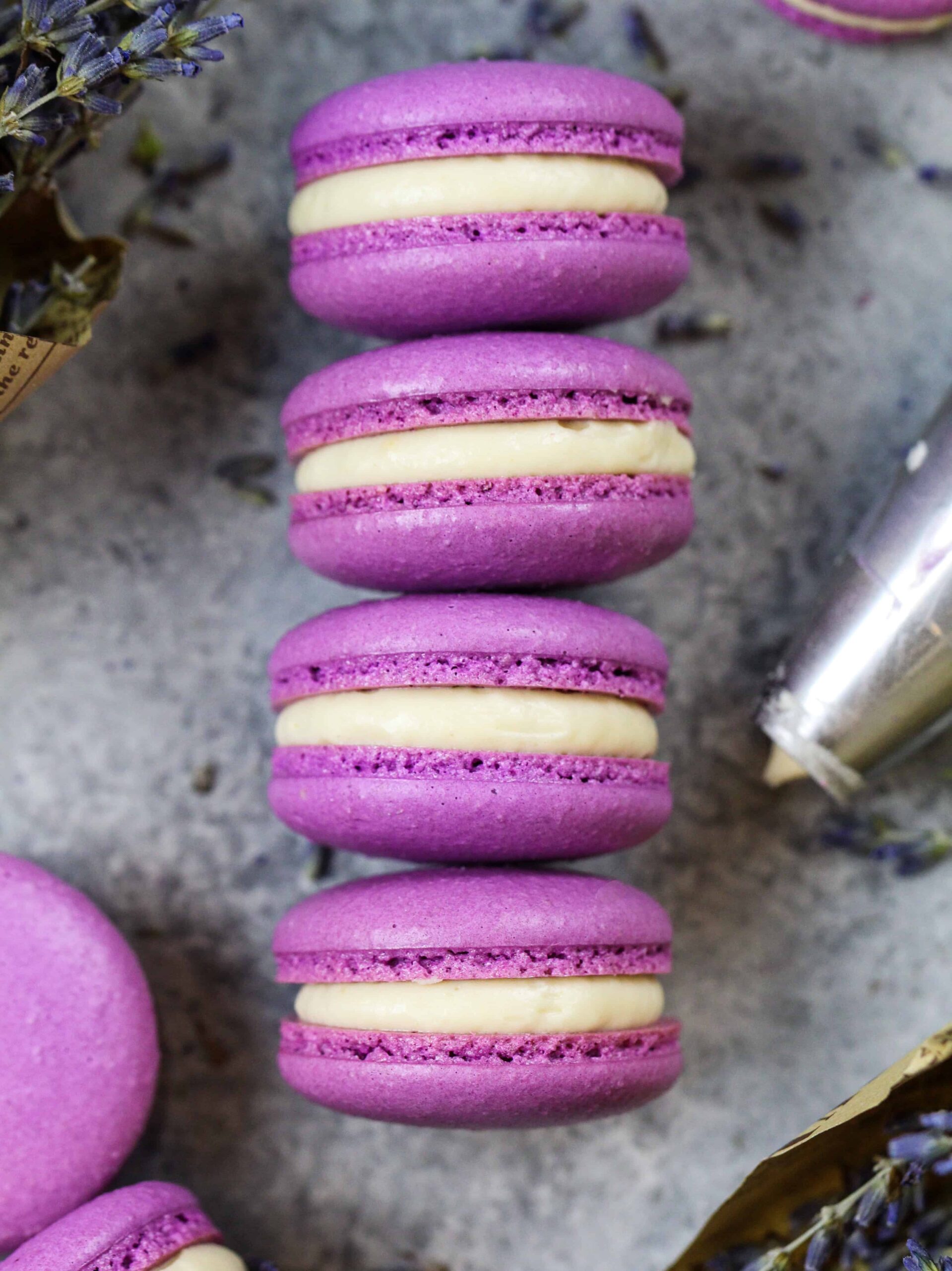 image of purple french macarons filled with buttercream