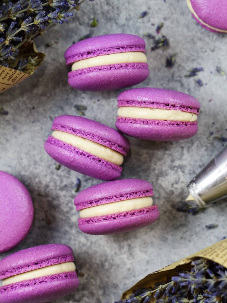 image of honey lavender macarons filled with a honey buttercream