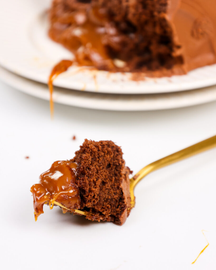 image of a bite of rolo cake on a fork