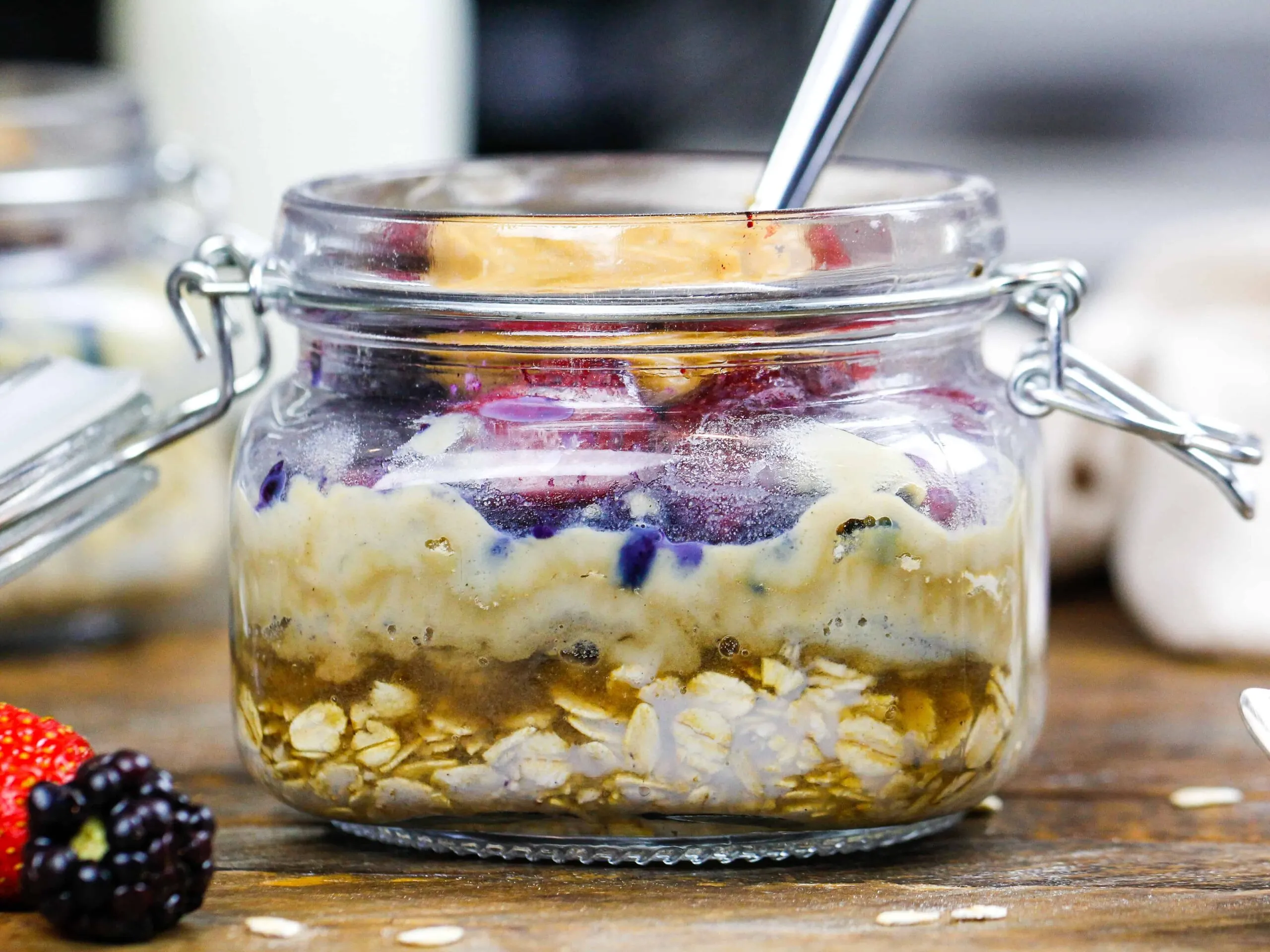 image of overnight oats made with berries and peanut butter