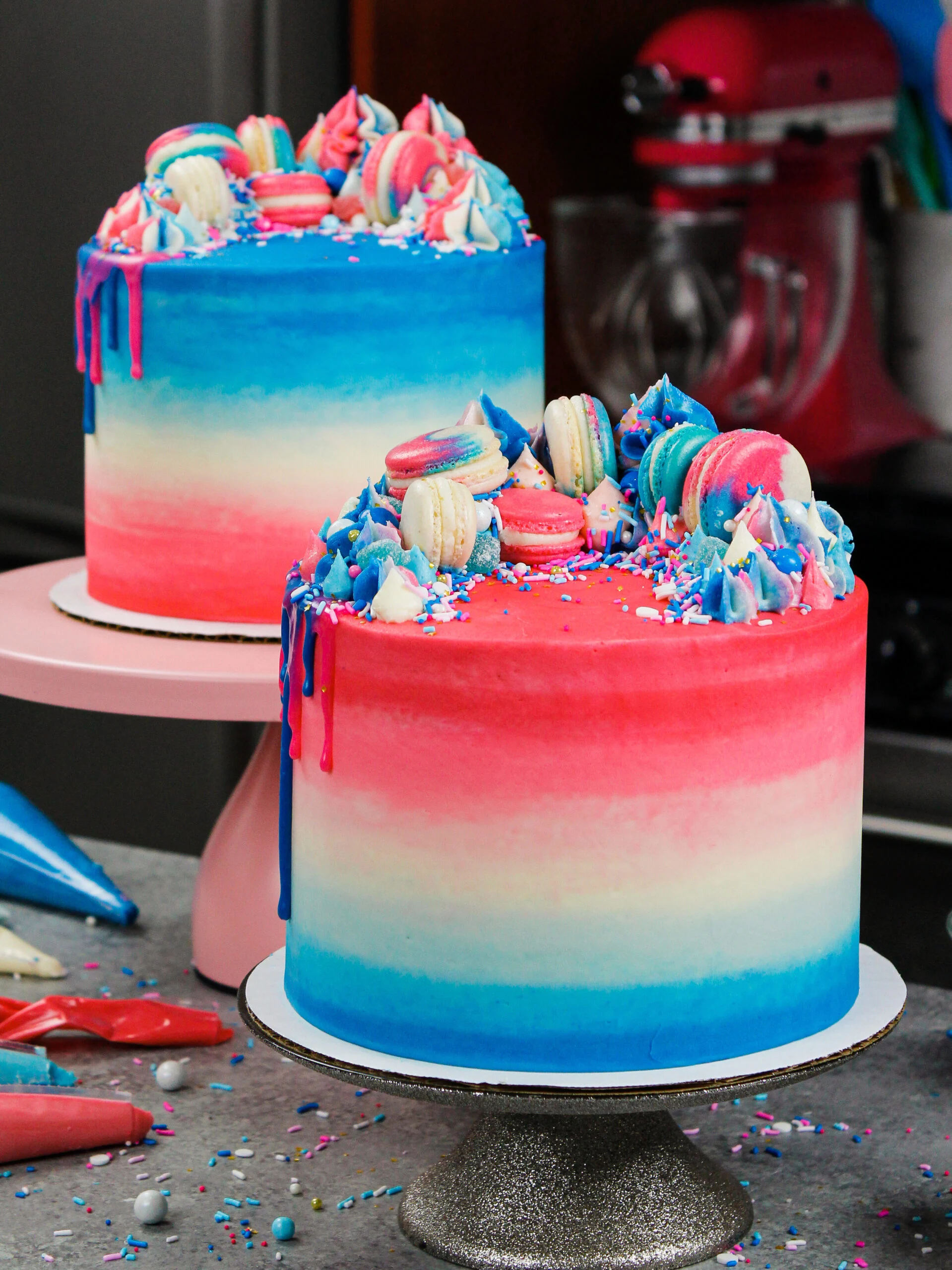 image of a pretty gender reveal cake decorate with blue and pink frosting and customized to celebrate either a boy or girl