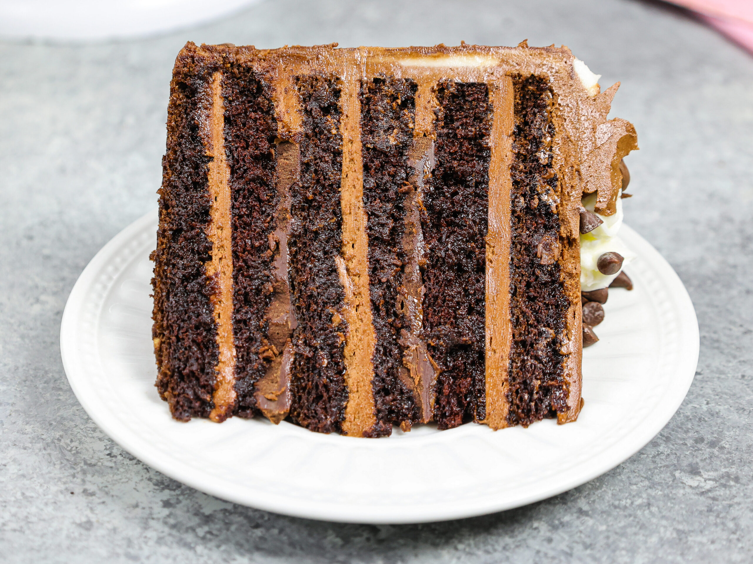 image of a triple chocolate cake slice that's filled with milk chocolate buttercream and dark chocolate ganache, and soaked with chocolate simple syrup
