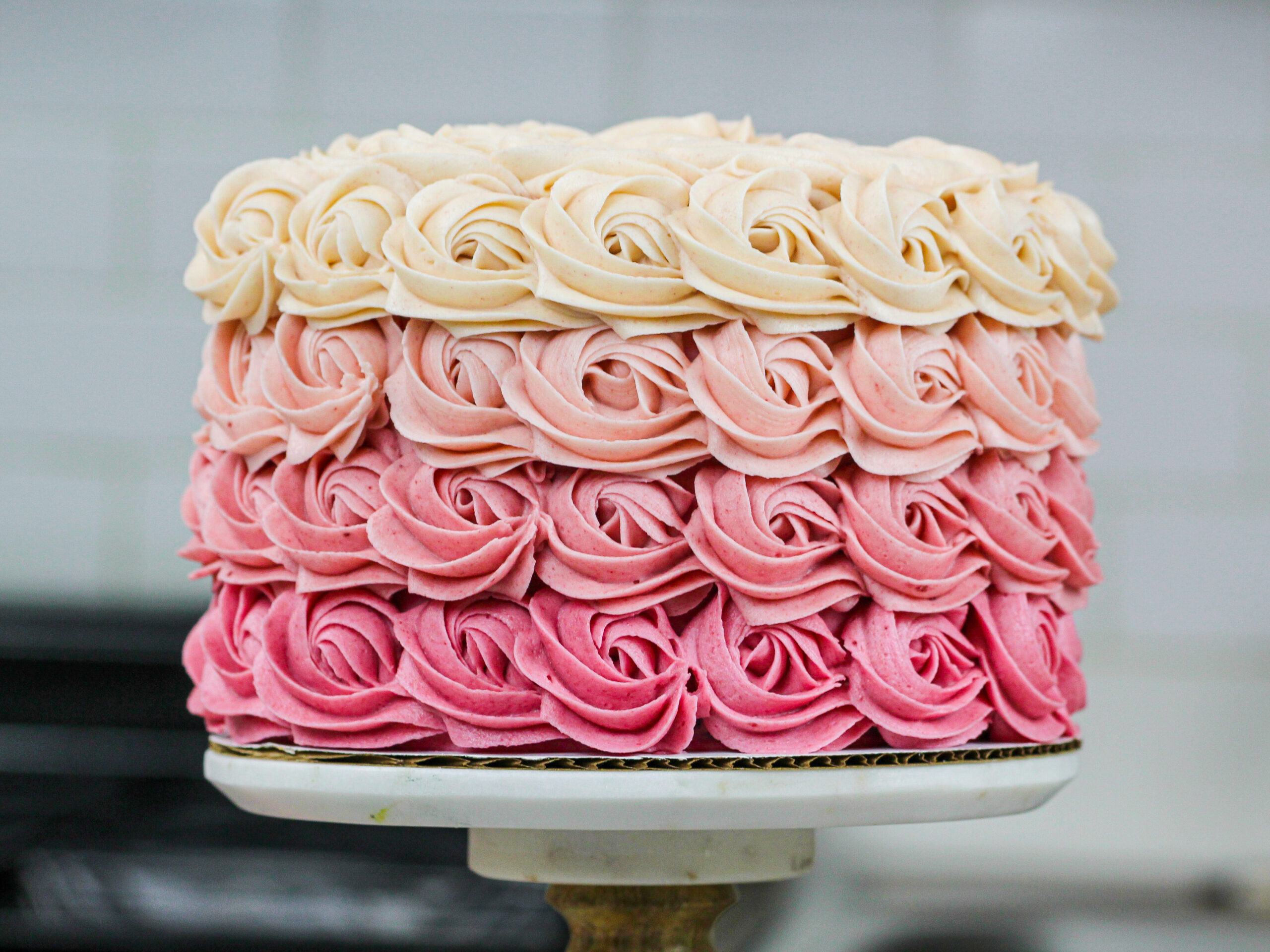 image of a gorgeous pink ombre rosette cake