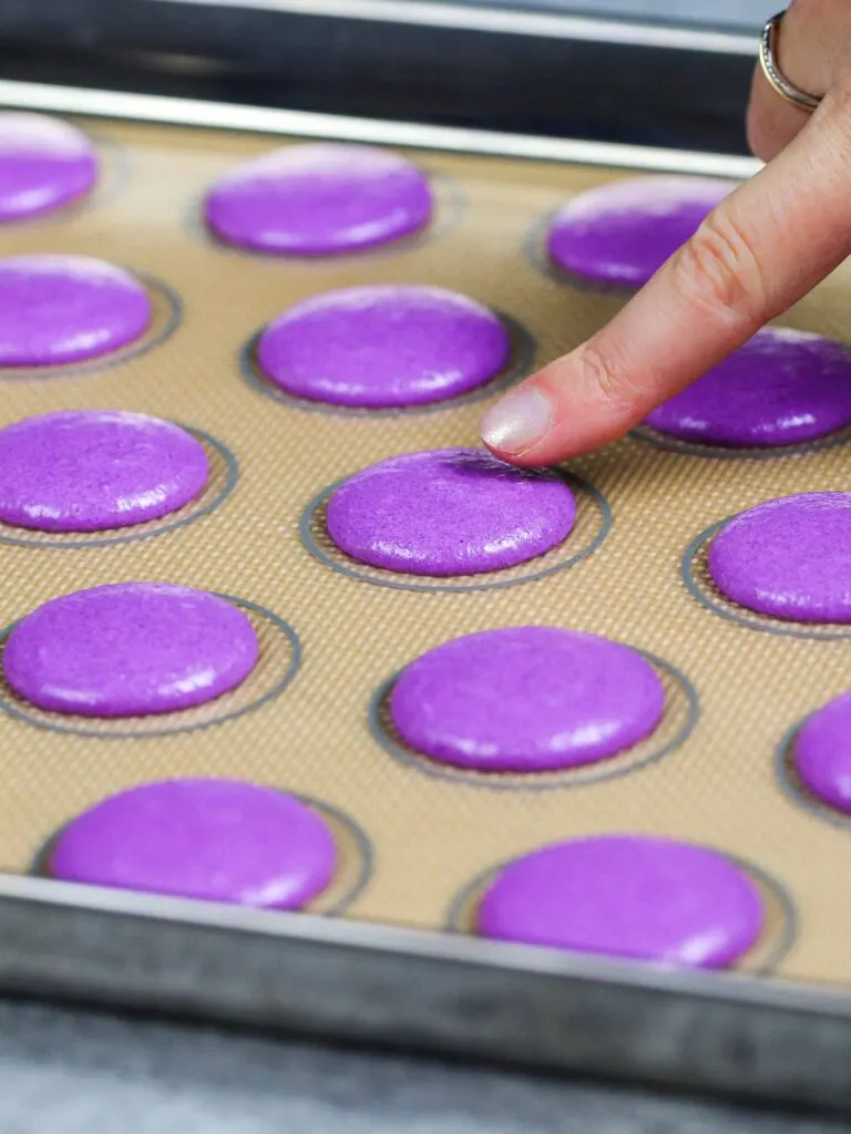 image of purple macaron batter that's been piped and is resting to form a skin before being baked