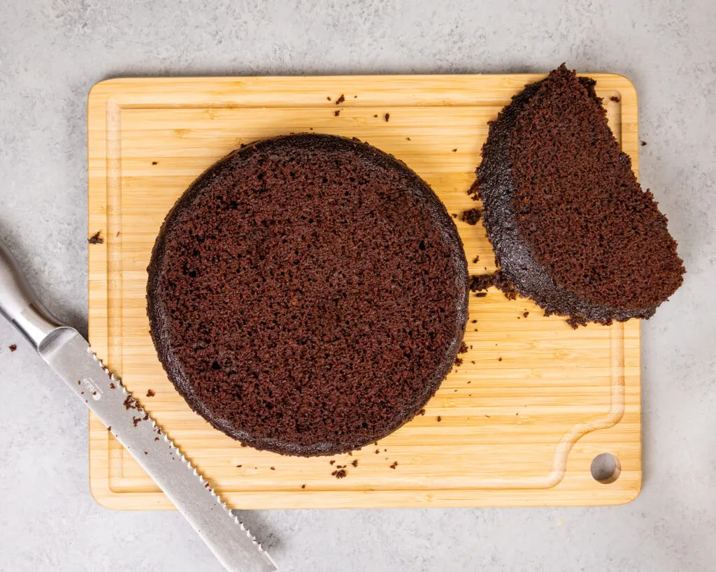 image of a moist, 8-inch chocolate cake layer that's been leveled with a serrated knife