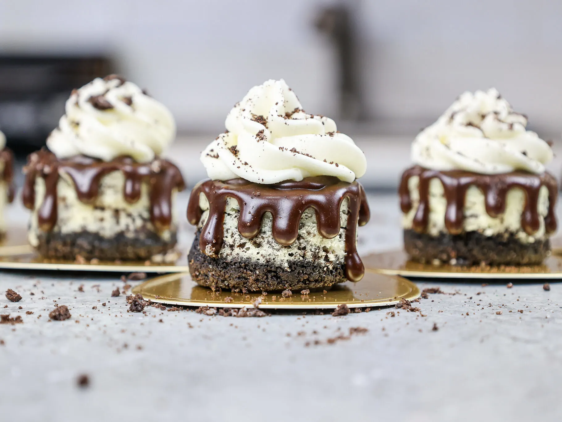 image of mini oreo cheesecakes lined up  and decorated with a chocolate ganache drip and whipped cream