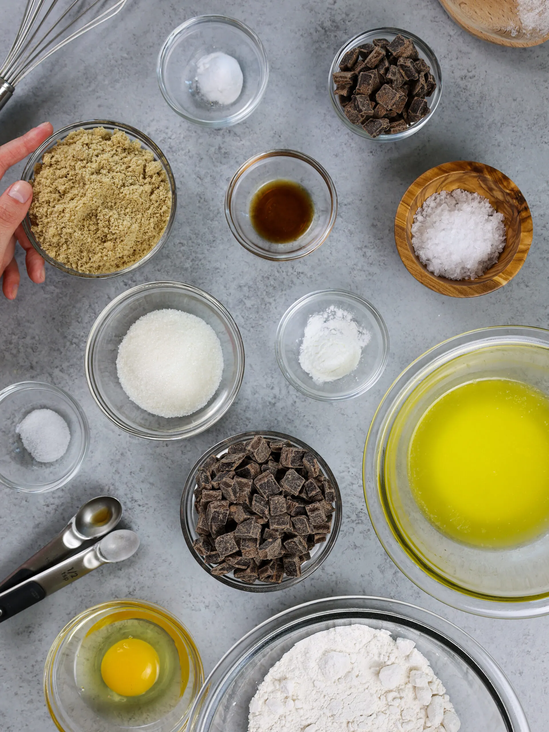 image of ingredients laid out to make salted chocolate chip cookies