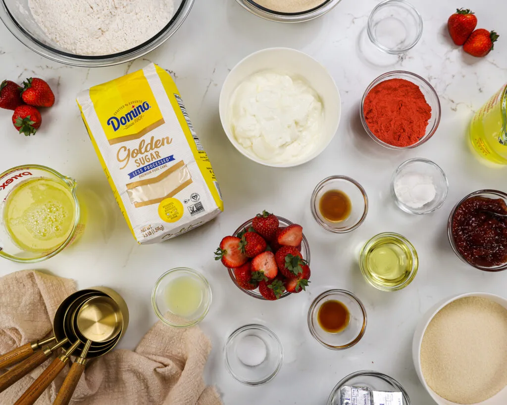 image of ingredients laid out to make a strawberry and vanilla cake