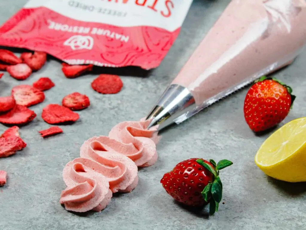 image of strawberry buttercream piped using a wilton 1m frosting tip