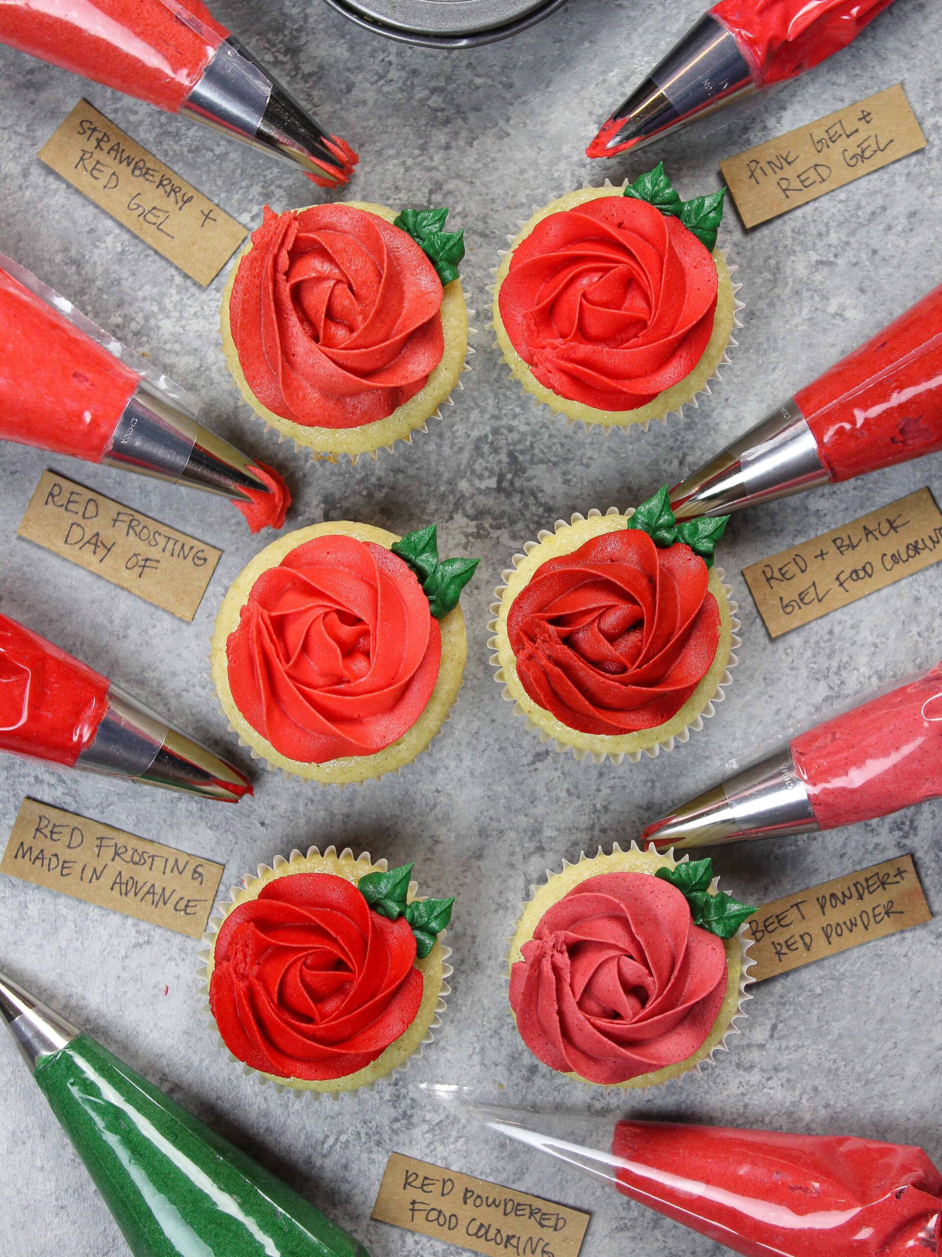 image of red buttercream made with different types of food coloring, red powdered food coloring, and natural food coloring like beet powder