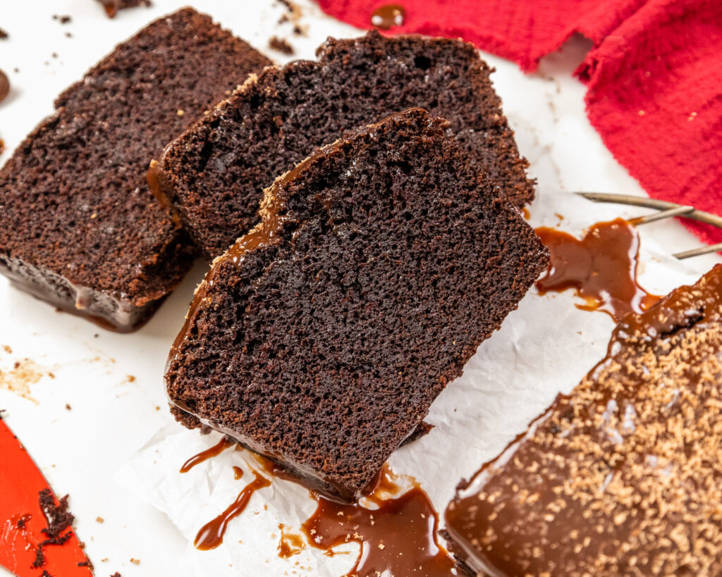 image of slices of a chocolate sour cream pound cake