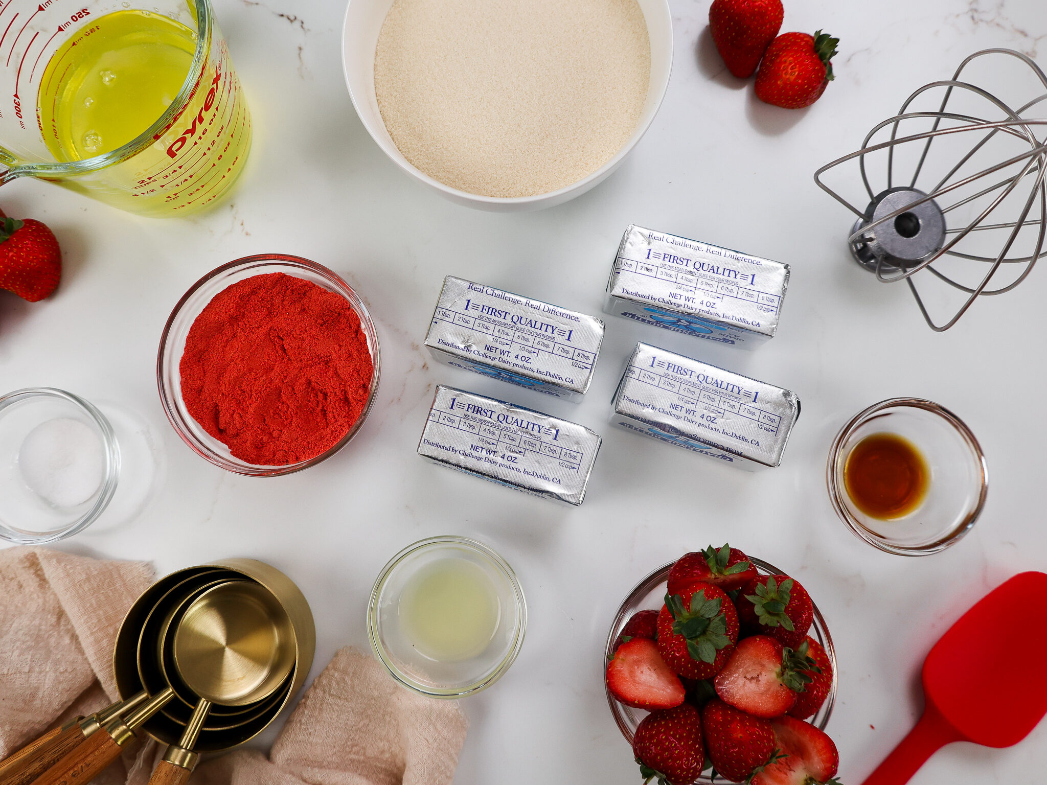 image of ingredients laid out to make strawberry Swiss meringue buttercream