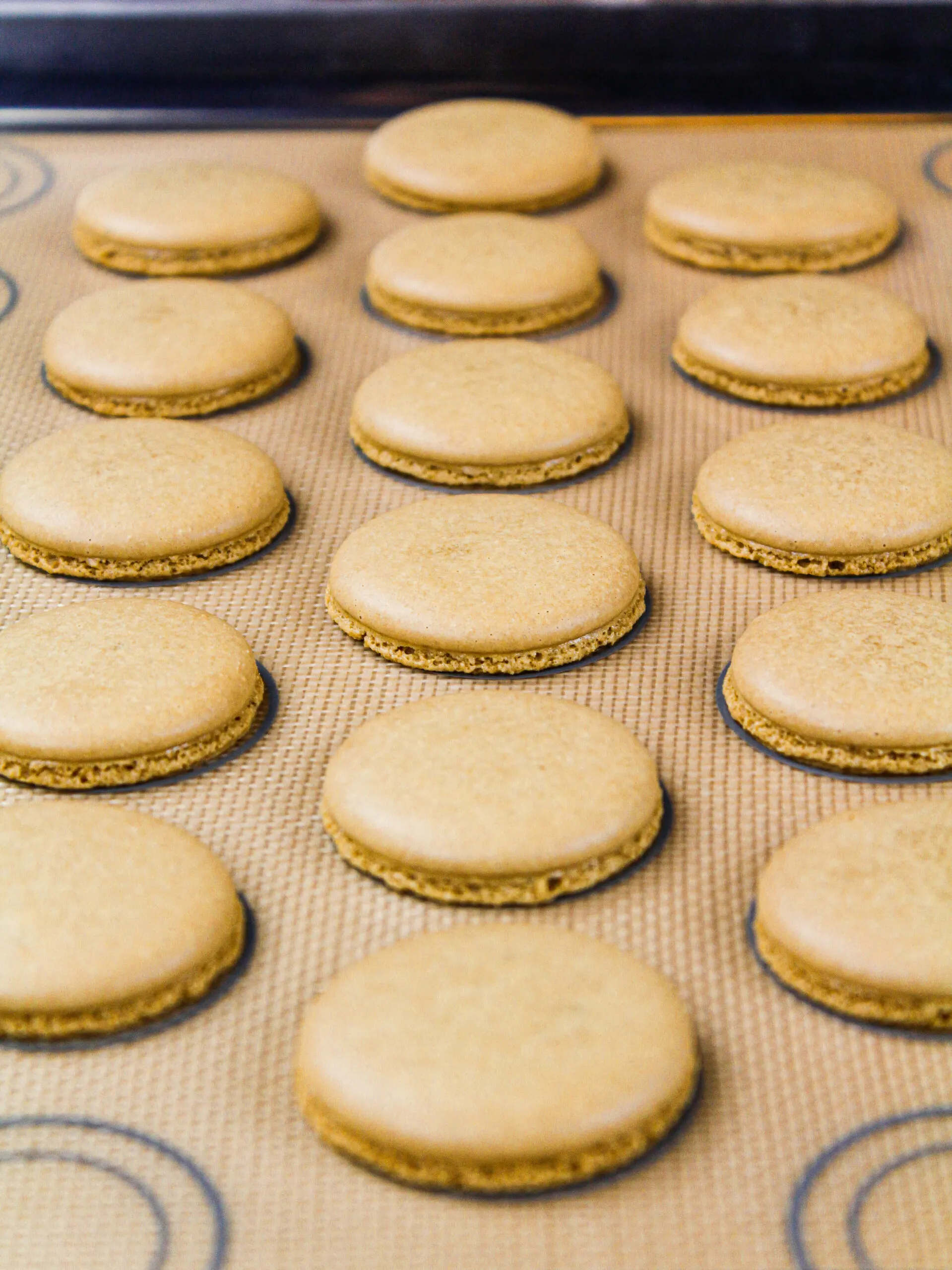 image of coffee flavored french macaron shells that have been baked and are cooling on. silpat mat