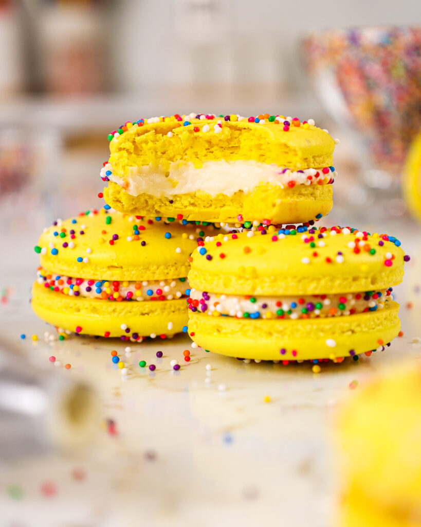 image of funfetti macarons filled with cream cheese macaron filling