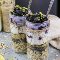 image of blackberry overnight oats made in advance in cute mason jars