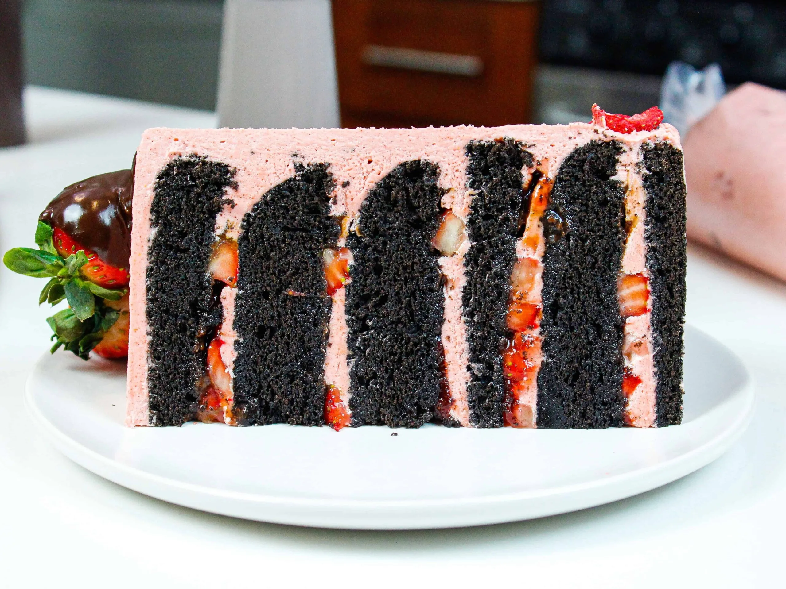 image of chocolate cake with strawberry filling