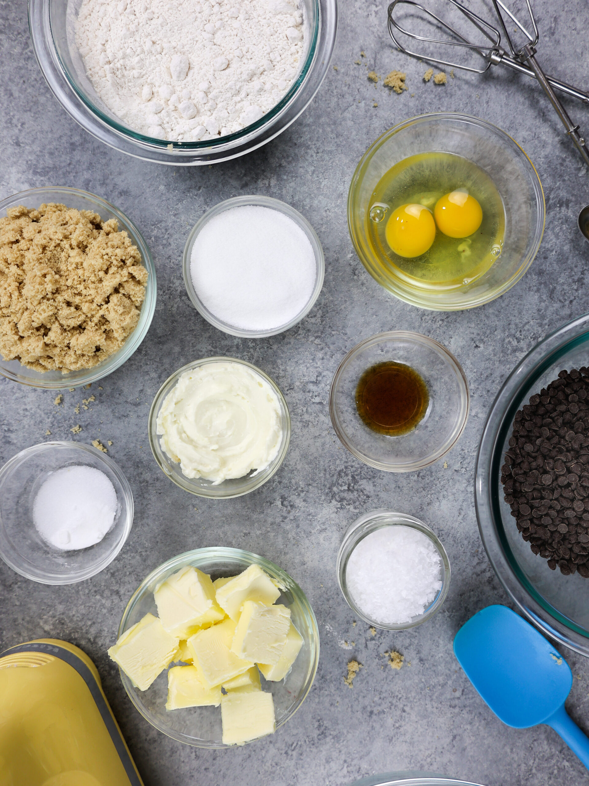 image of ingredients laid out on a counter to make cream cheese chocolate chip cookies