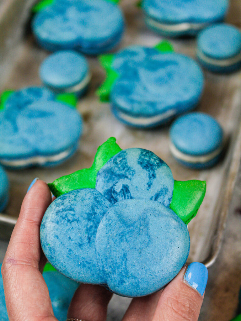 image of an adorable blueberry macaron that's being held up to show it's shape
