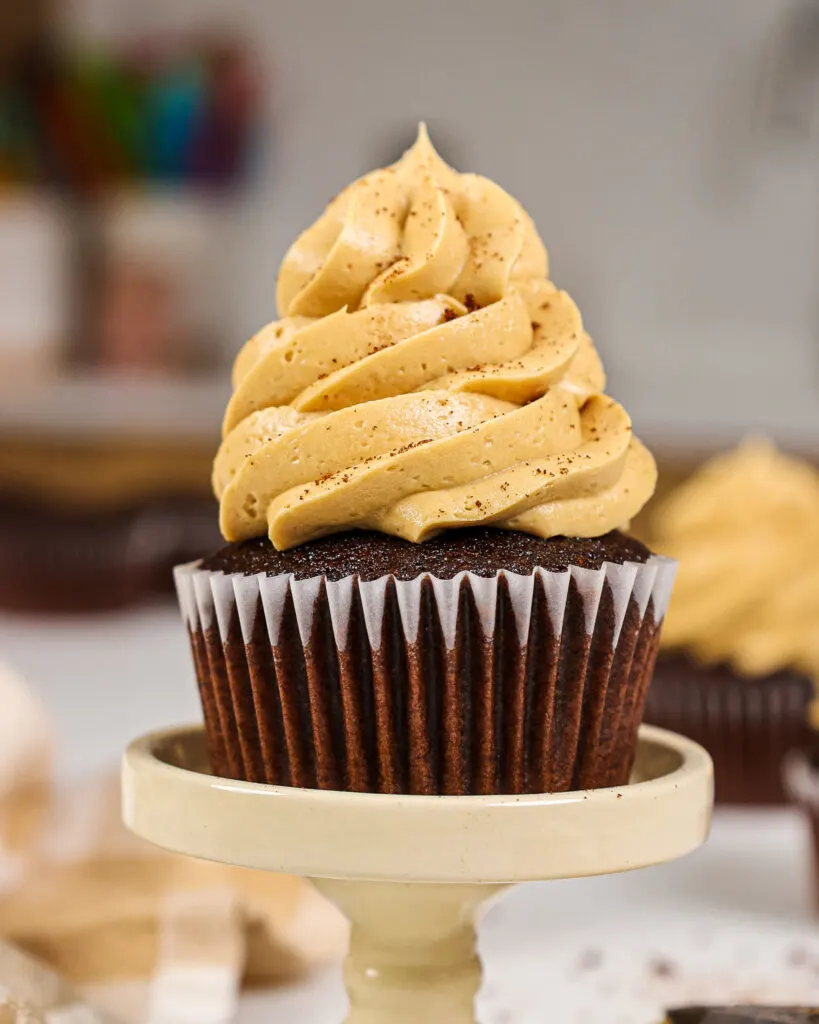 image of a chocolate cupcake frosted with coffee buttercream