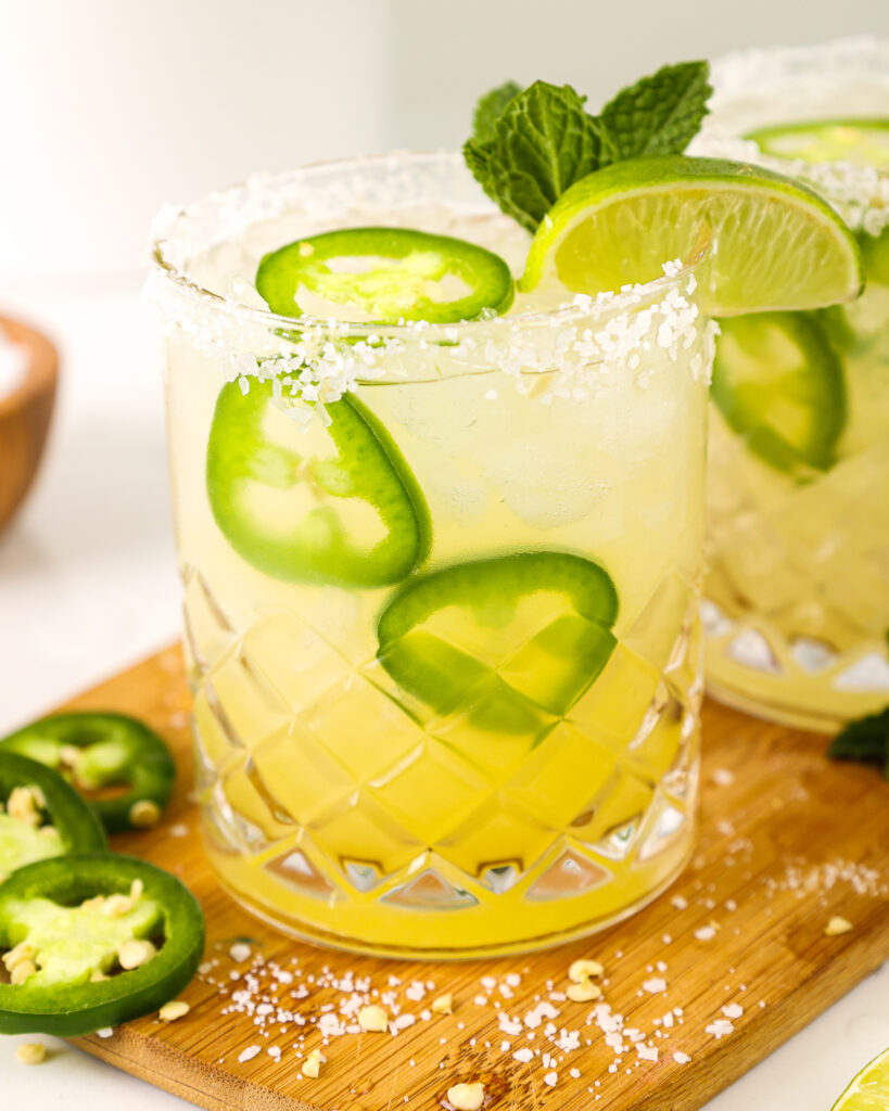 image of a spicy skinny margarita recipe made in a glass garnished with lime sugar