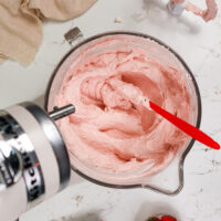 image of strawberry swiss meringue buttercream in a mixing bowl