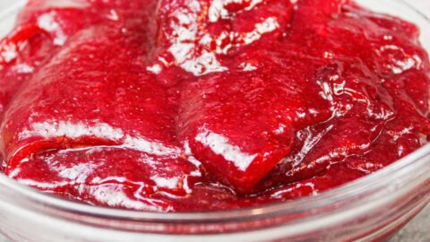 image of raspberry cake filling in a bowl