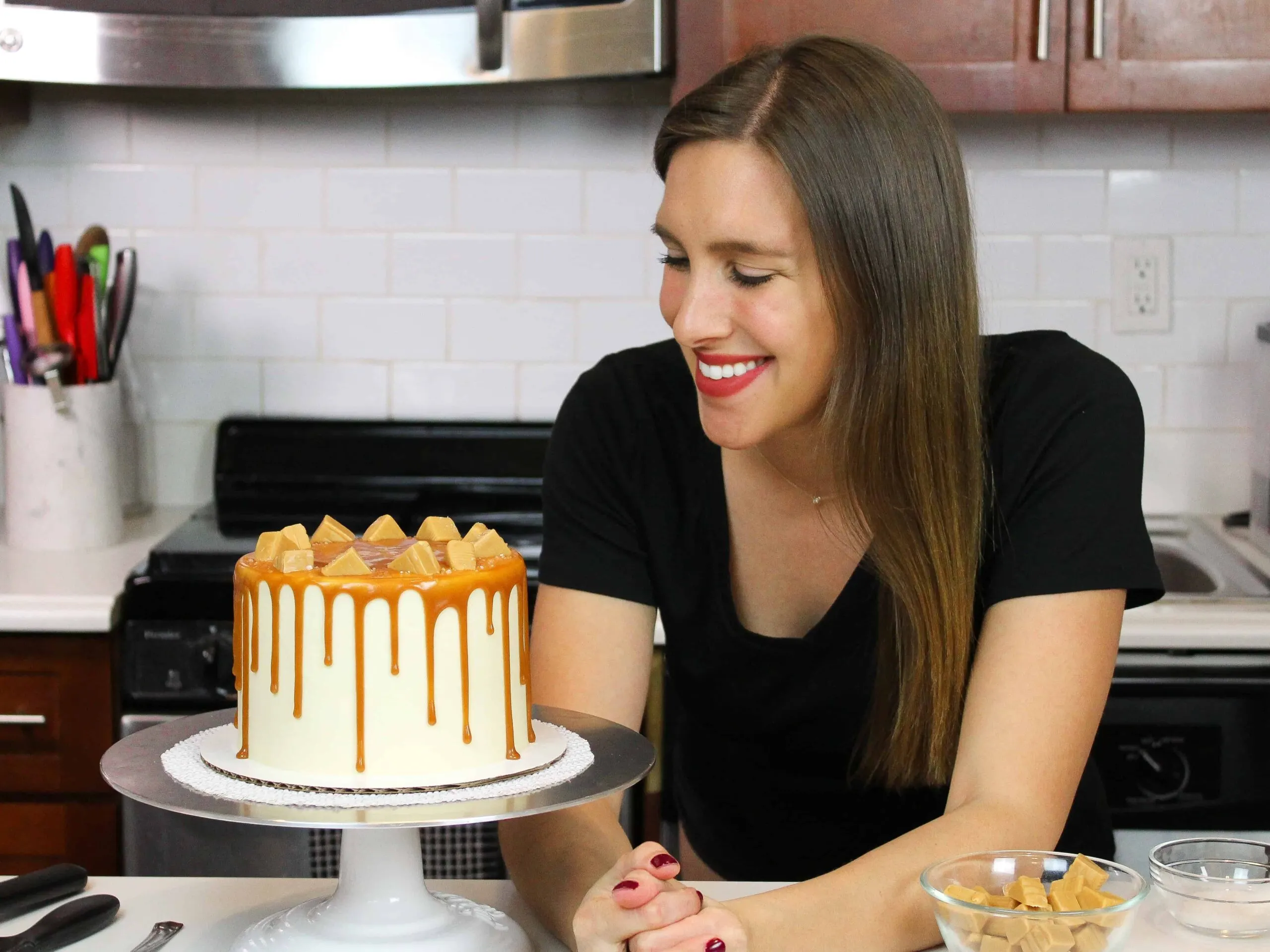 photo of chelsey white with caramel drip cake