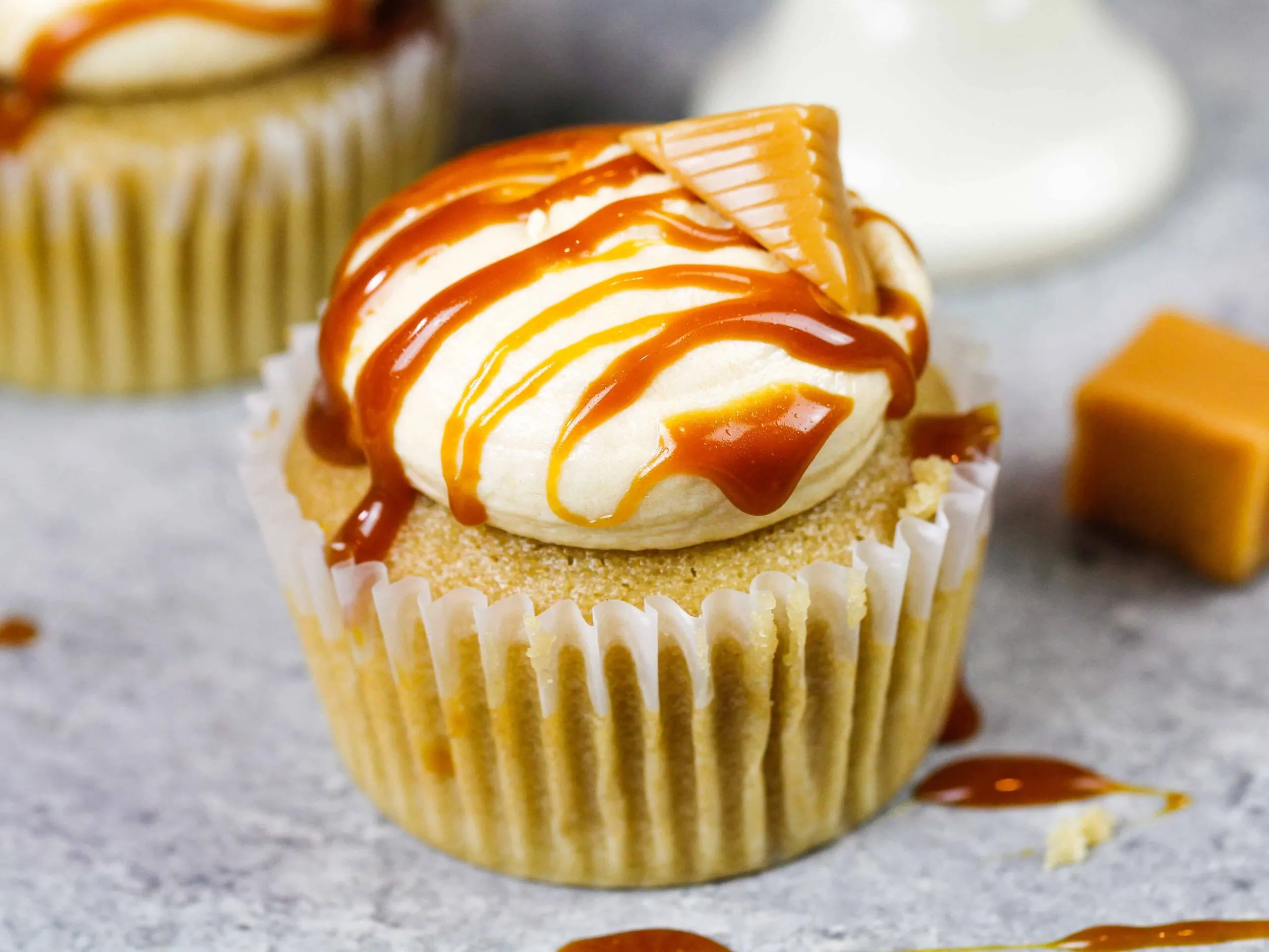 image of caramel cupcakes drizzled with homemade caramel sauce