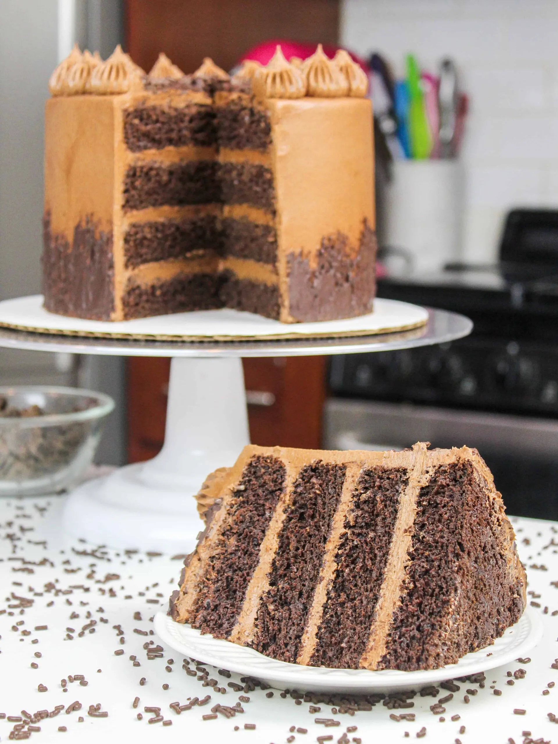 image of gluten free chocolate cake with slice cut out