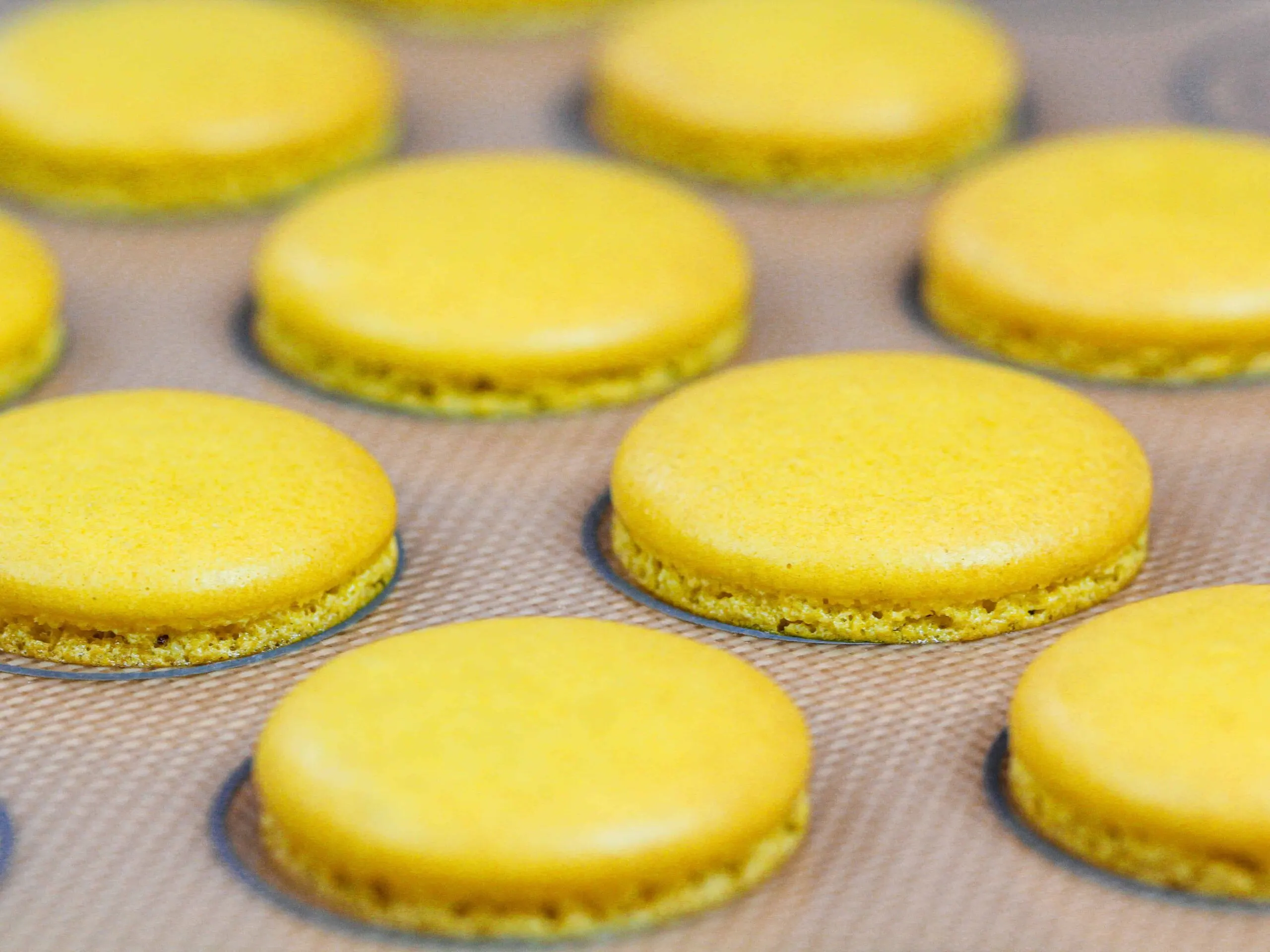 image of perfectly baked yellow macaron shells with feet and no browning