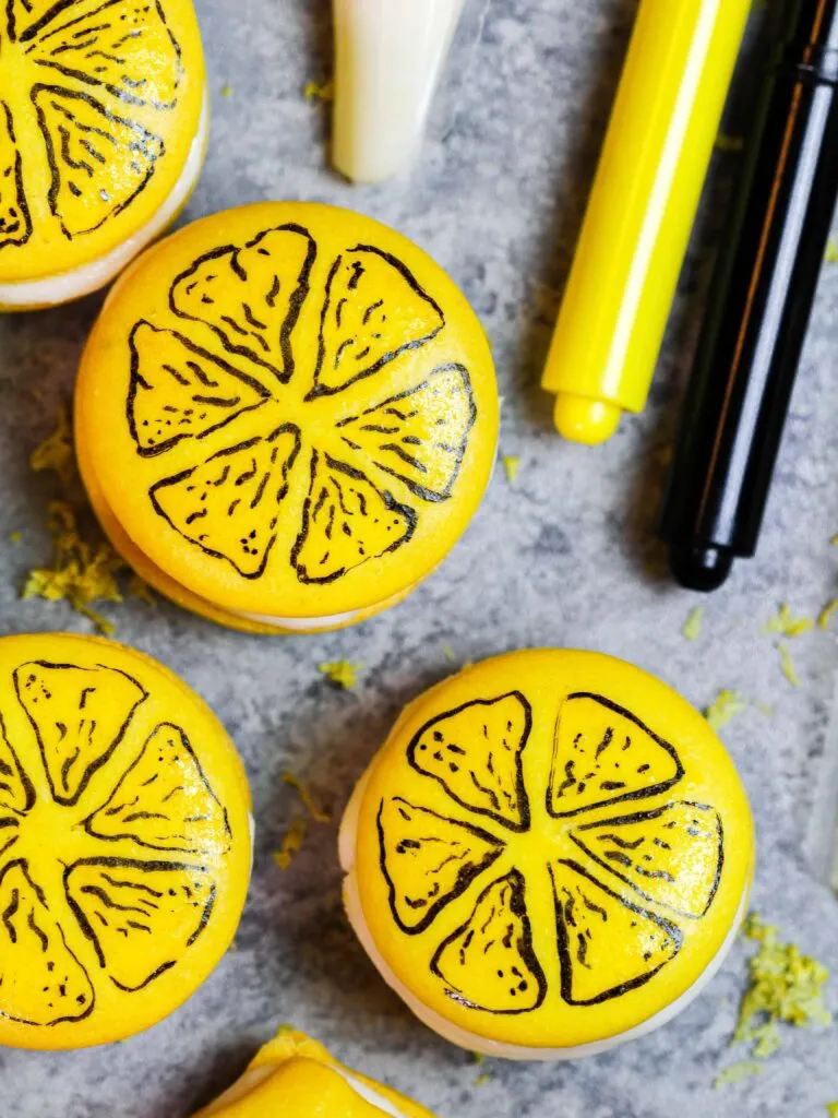 image of super cute lemon macarons that have been decorated to look just like lemon slices