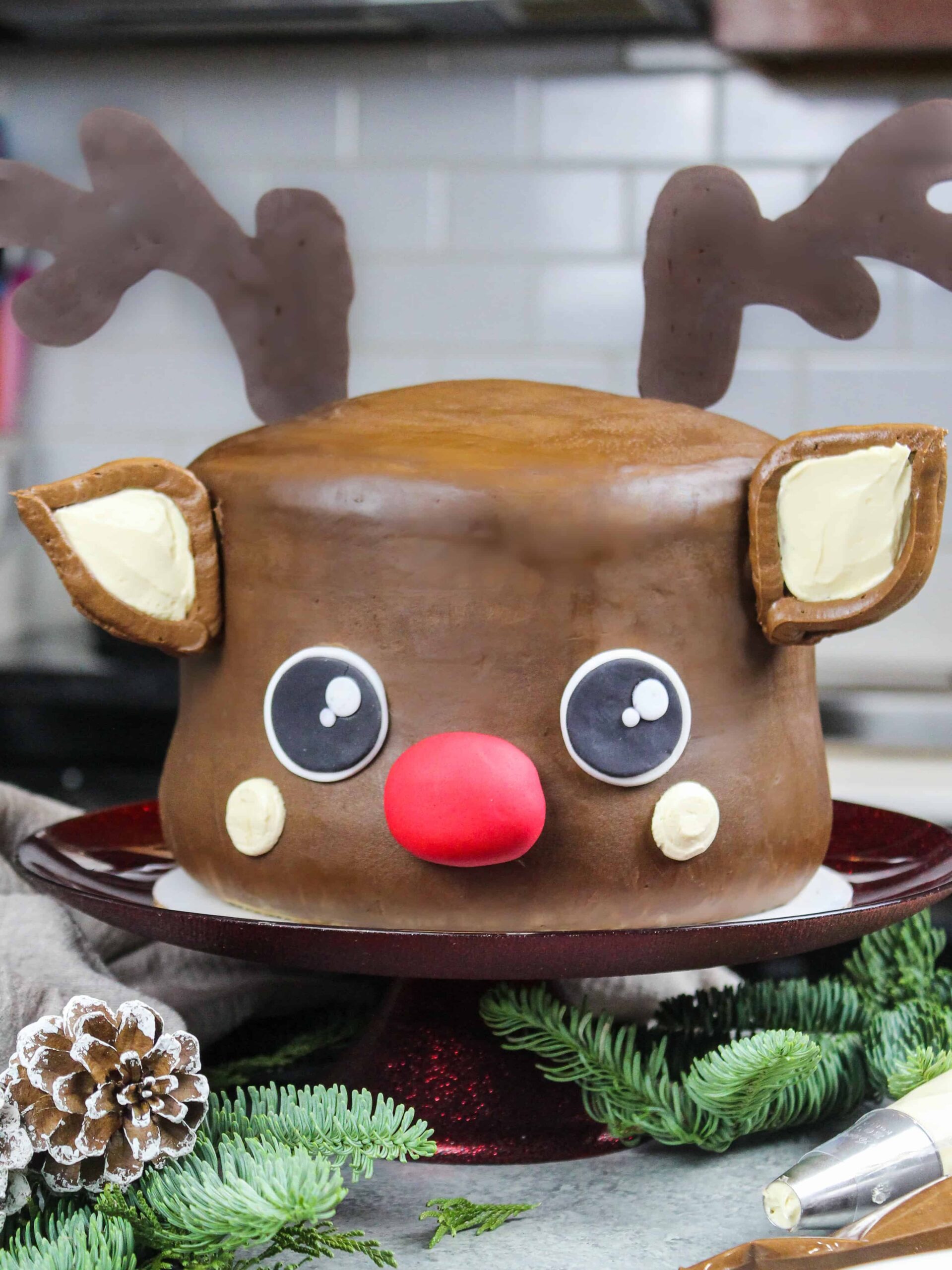 image of rudolph cake frosted with peanut butter chocolate frosting