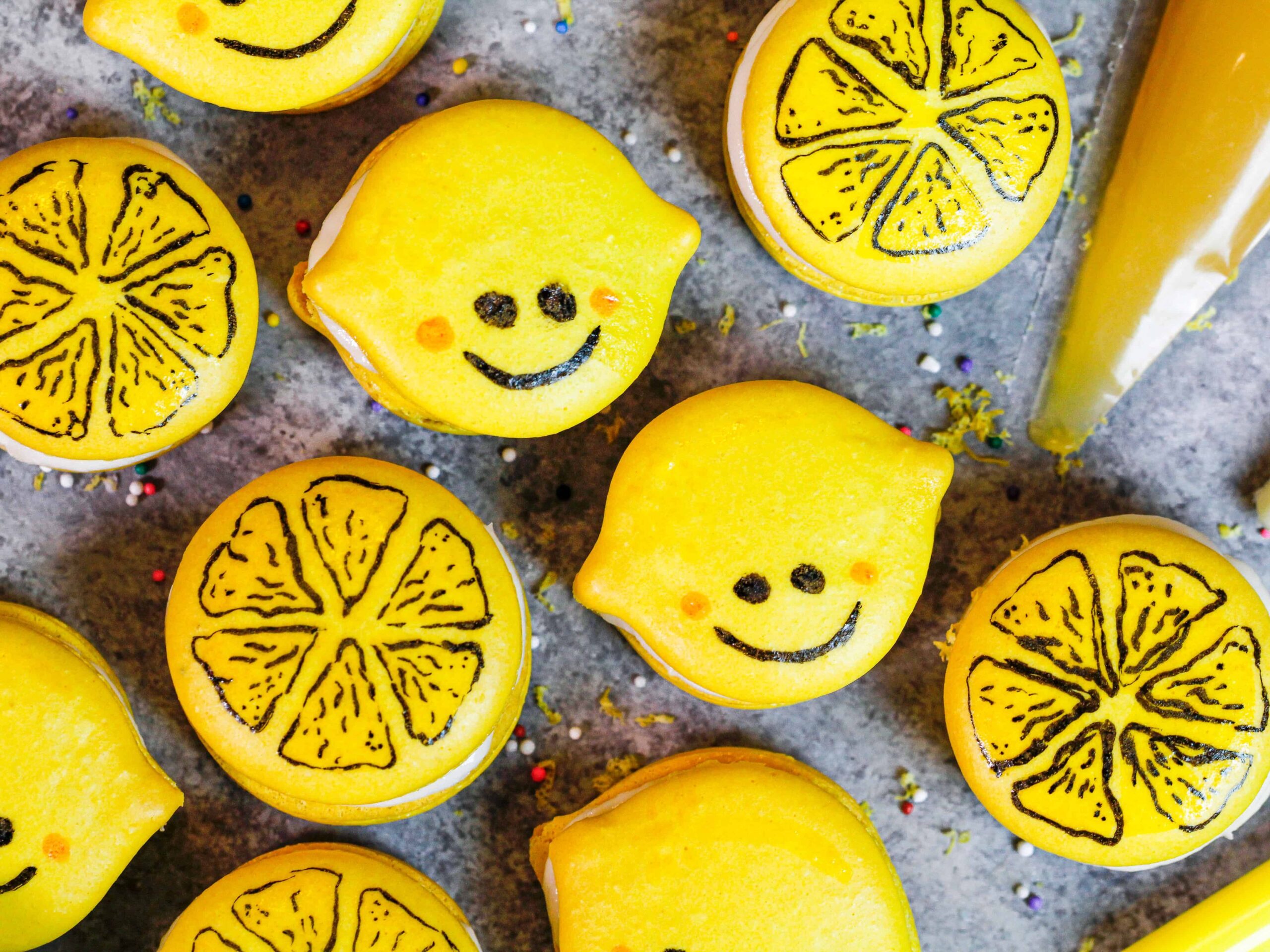 image of adorable and cute lemon macarons that have been decorated with an edible marker