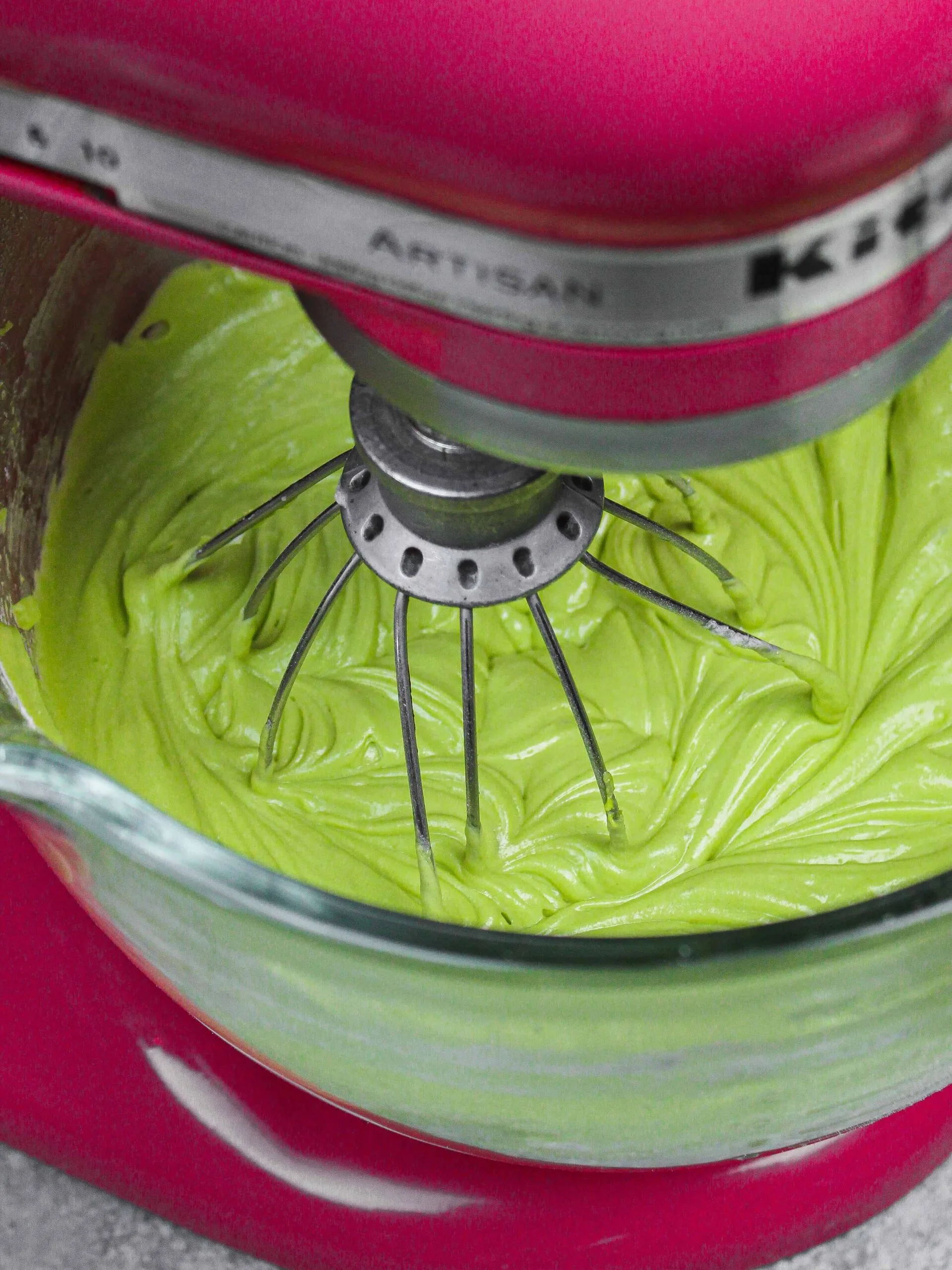 image of matcha cake batter in a kitchen aid