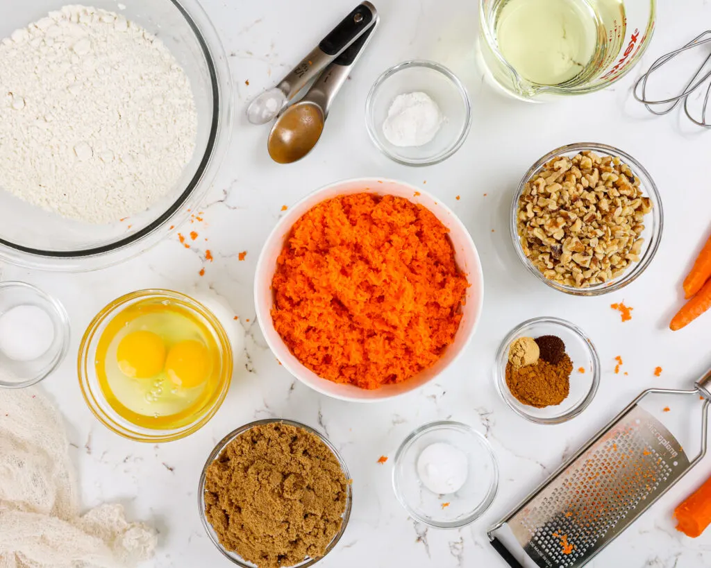 image of ingredients laid out to make easter carrot cake cupcakes